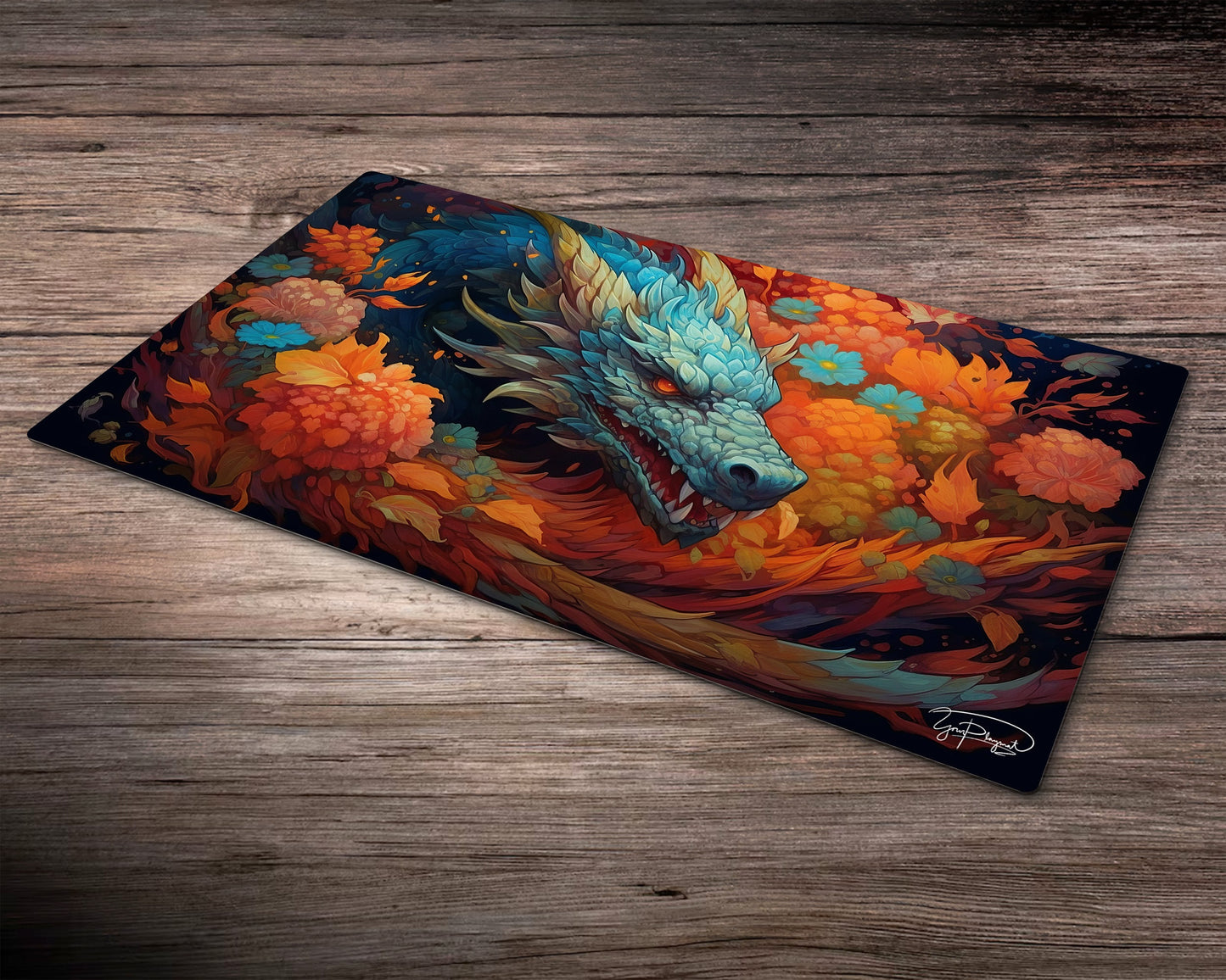 Mythical Floral Dragon - MTG Spielmatte - 24 x 14 inches - MTG Geschenke - MTG Zubehör - Magie Tischmatte - Stitched Mat - Stitched Playmat