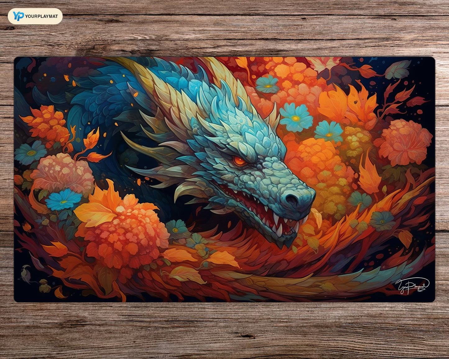 Mythical Floral Dragon - MTG Spielmatte - 24 x 14 inches - MTG Geschenke - MTG Zubehör - Magie Tischmatte - Stitched Mat - Stitched Playmat