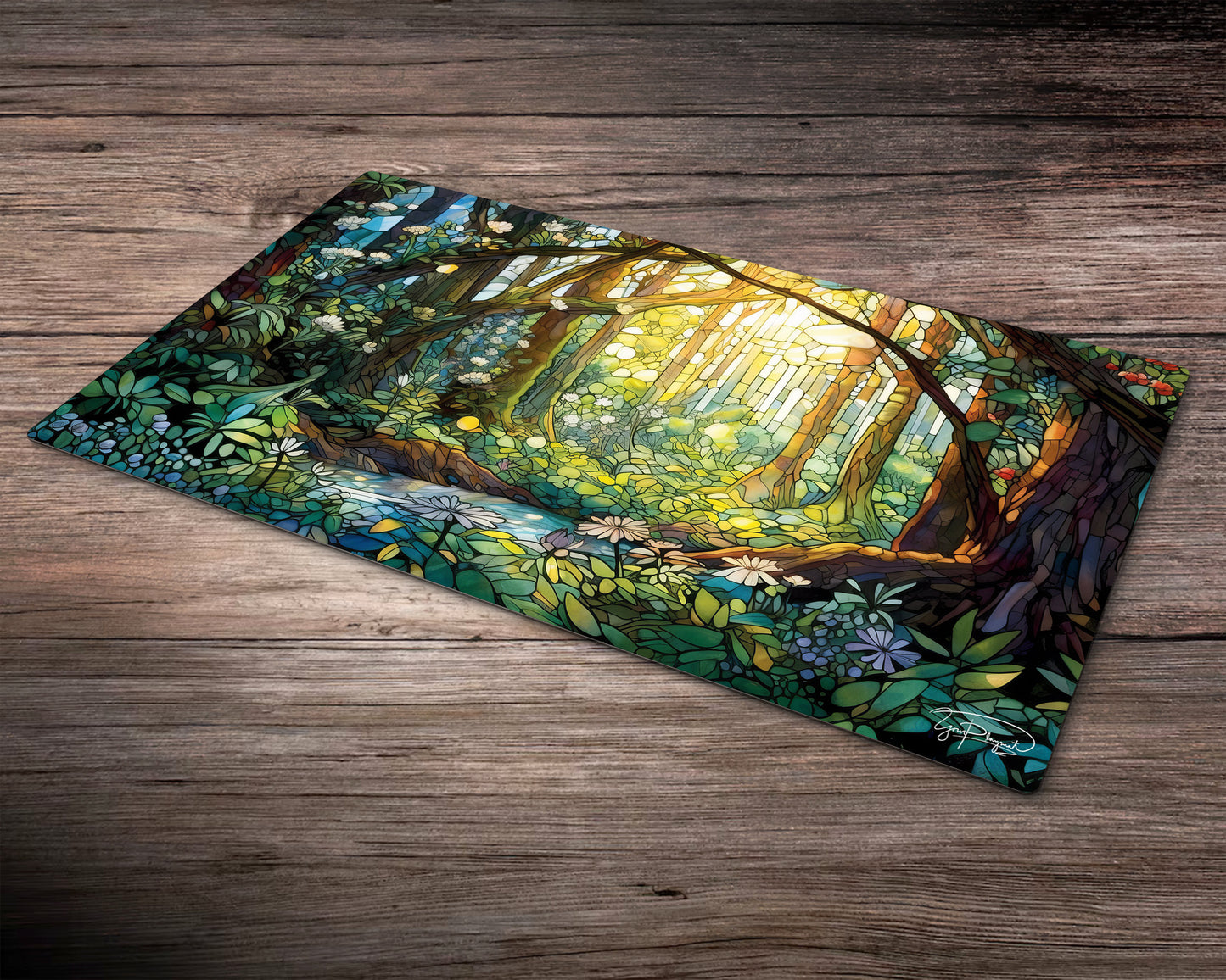 Stained Glass Lush Forest Green - MTG Spielmatte - 24 x 14 inches - MTG Geschenke - MTG Zubehör - Magie Tischmatte - Stitched Playmat