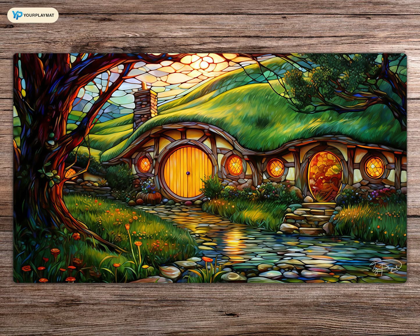The Shire Stained Glass - MTG Playmat - 24 x 14 inches - MTG Gifts - Magic The Gathering Gifts - Stitched Playmat