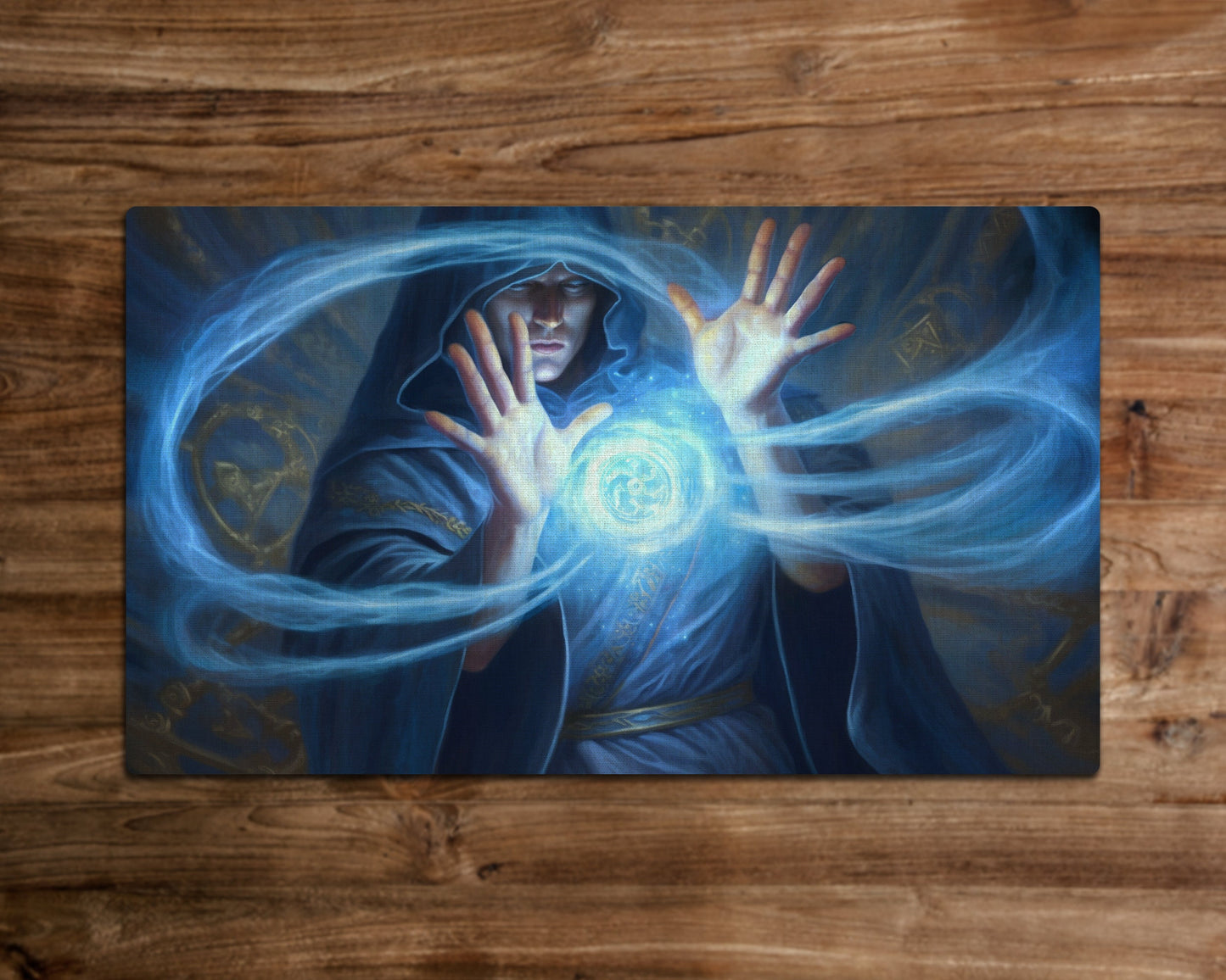 Der blaue Magier der Illusion – MTG-Spielmatte – 24 x 14 Zoll – MTG-Geschenke – Magic The Gathering-Geschenke – genähte Spielmatte