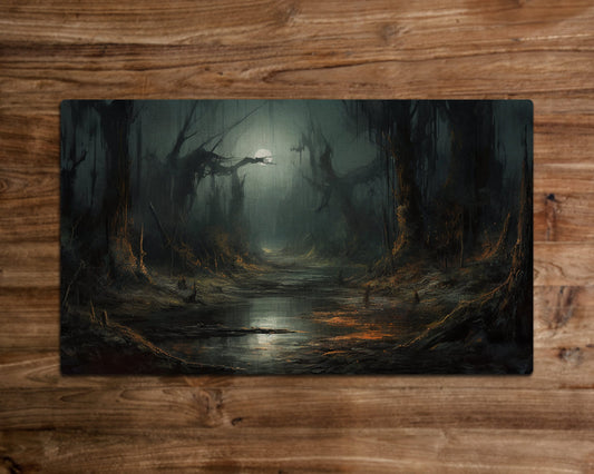 Haunting Black Swamp Reflections – MTG-Spielmatte – 24 x 14 Zoll – MTG-Geschenke – Magic The Gathering-Geschenke – Genähte Spielmatte