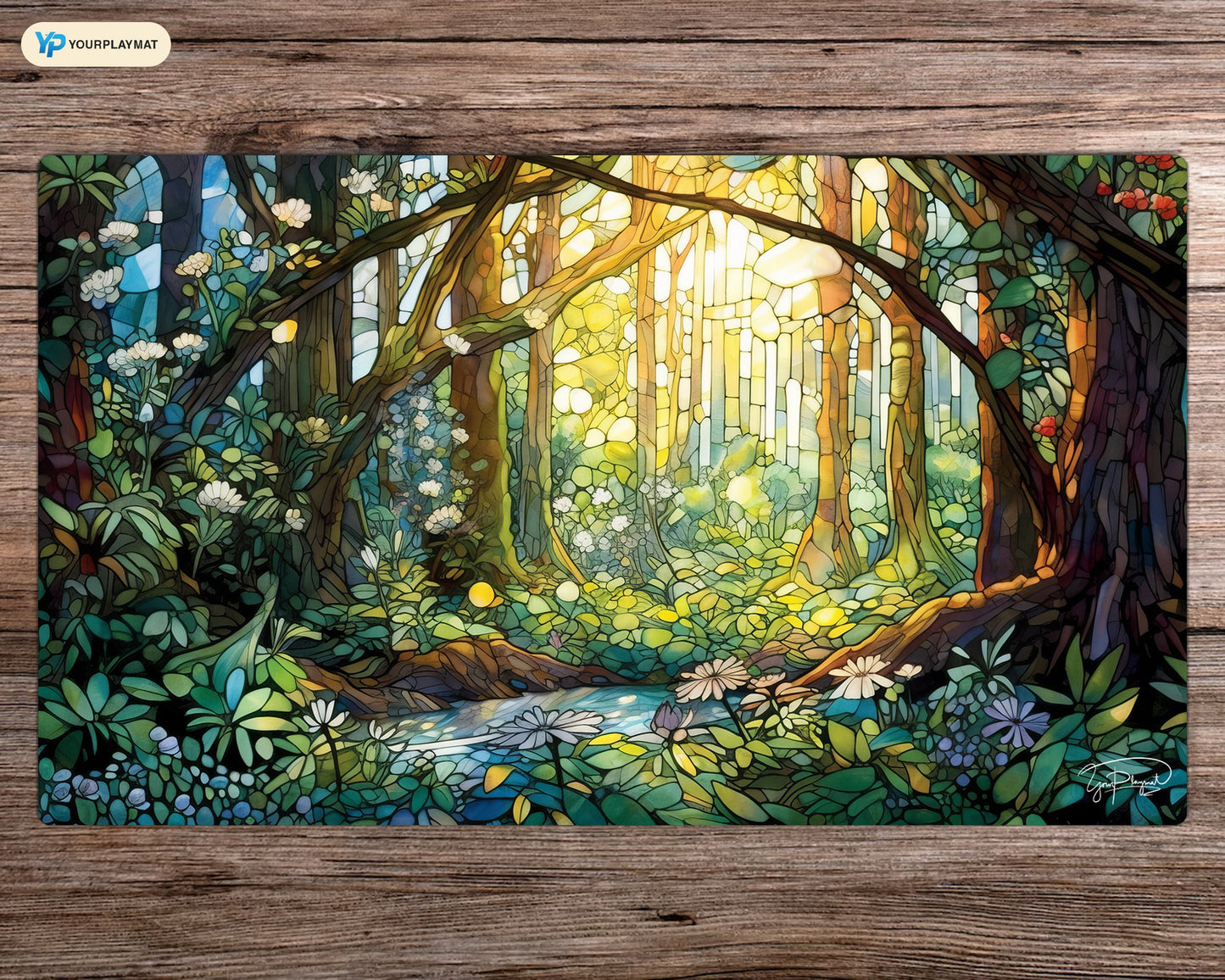 Stained Glass Lush Forest Green - MTG Spielmatte - 24 x 14 Zoll - MTG Geschenke - MTG Zubehör - Magie Tischmatte - Genähte Spielmatte