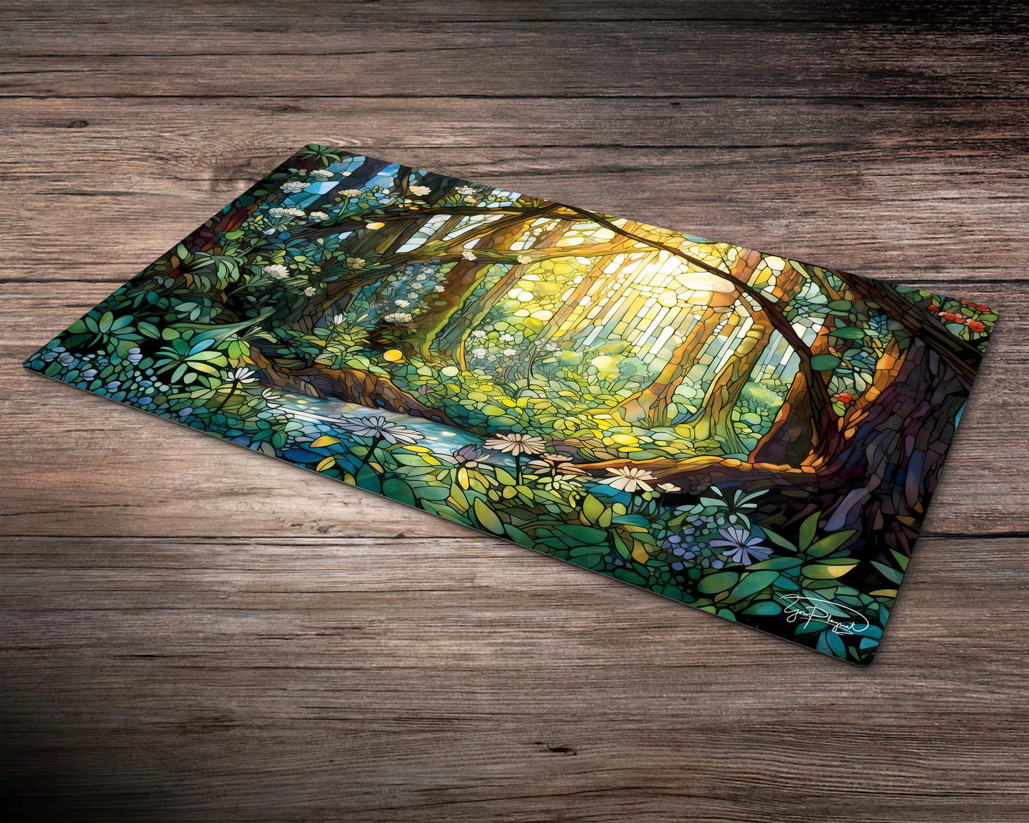 Stained Glass Lush Forest Green - MTG Spielmatte - 24 x 14 Zoll - MTG Geschenke - MTG Zubehör - Magie Tischmatte - Genähte Spielmatte